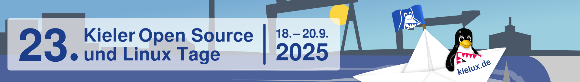 23. Kieler Open Source und Linux Tage | 18. - 20.9.2025; Tux on a boat in the Kiel bay