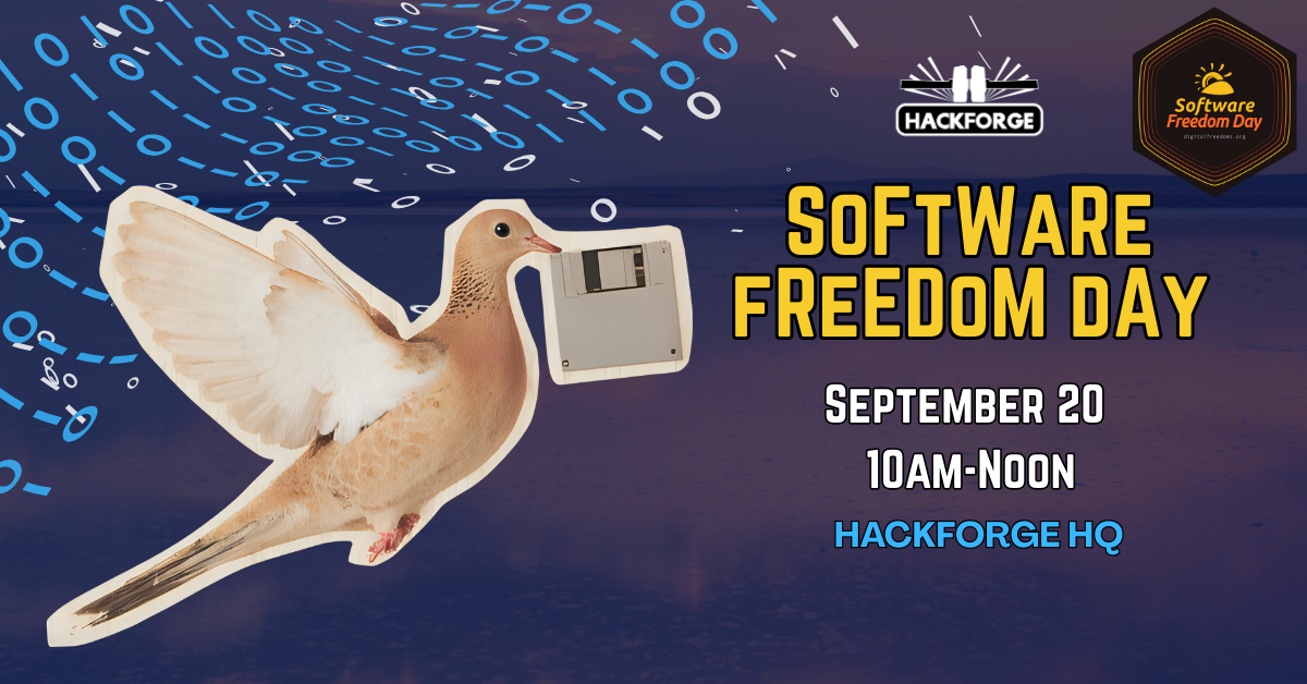 A promotional graphic for Hackforge’s Software Freedom Day event. The background features a dark blue and purple gradient sky over a calm body of water. On the left, stylized streams of binary digits, in shades of blue and white, flow in curved arcs toward the center. A pigeon carrying a floppy disk in its beak is positioned prominently in the foreground, symbolizing data sharing and old-school computing. On the top right is the Hackforge logo in black and white. The event title 